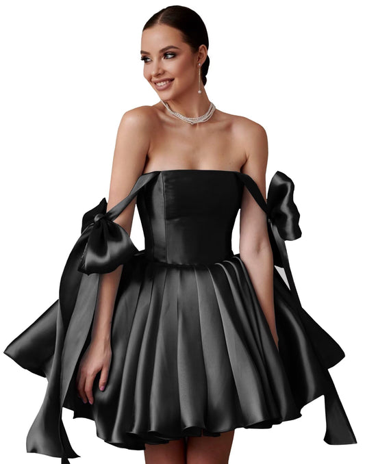 Satin Short Homecoming Dresses Pleated Off the Shoulder Puffy Mini Dresses Sequins Backless Cocktail Dress