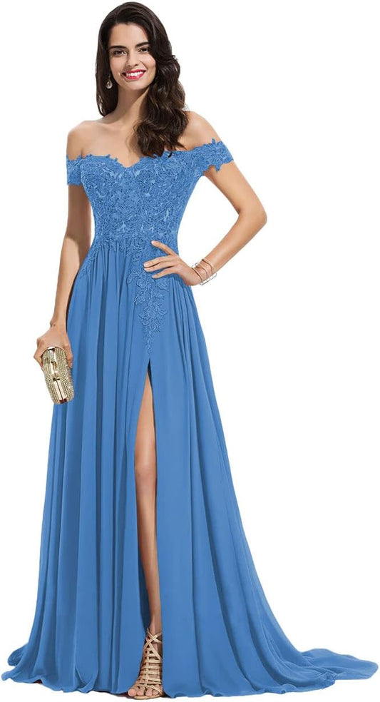 Vestidos de fiesta largos de gasa con hombros descubiertos y aberturas para mujer con apliques de encaje