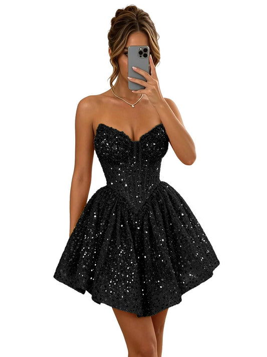 Strapless Sequin Homecoming Dresses for Teens Mini Short Prom Dress Strapless Homecoming Dresses Sequin Mini Short Prom Dresses for Teens