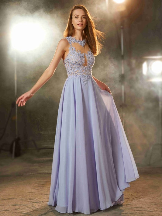 Vestido de noche de graduación de gasa con apliques, sin mangas, corte princesa y escote redondo