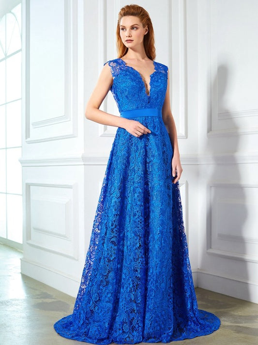 Vestido de noche de graduación con escote en V, corte A/princesa, sin mangas, cola larga y lazo con encaje