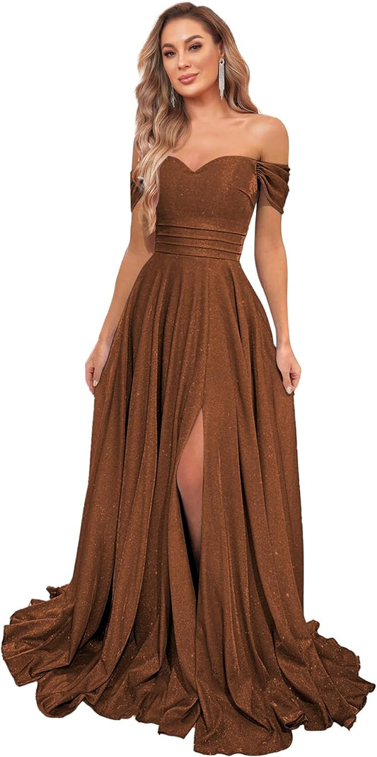Women's Glittery Prom Dresses Long Ball Gown Off Shoulder High Slit Formal Evening Gowns with Pockets