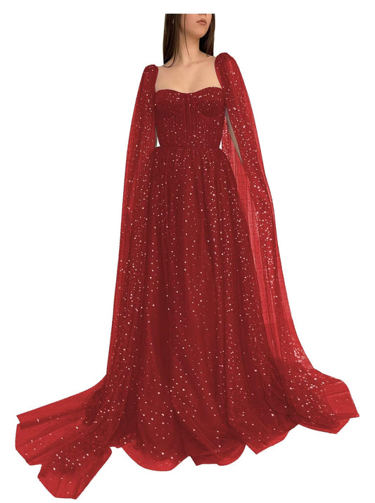 Sparkle Starry Tulle Prom Dresses with Cape Long Ball Gowns Sweetheart A-line Formal Evening Gowns with Pockets