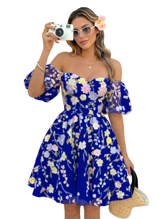 Cocktail Party Dresses Gowns 3D Floral Applique Homecoming Dress for Teen 3D Floral Embroidered Homecoming Dress for Women Off The Shoulder Mini Dress