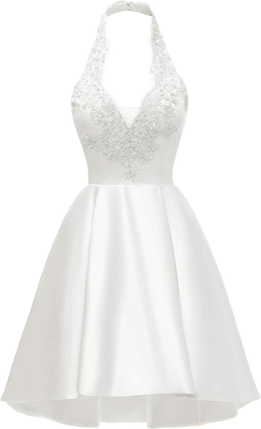 Vestido corto de satén con cuello halter y bolsillos para adolescentes con apliques de encaje