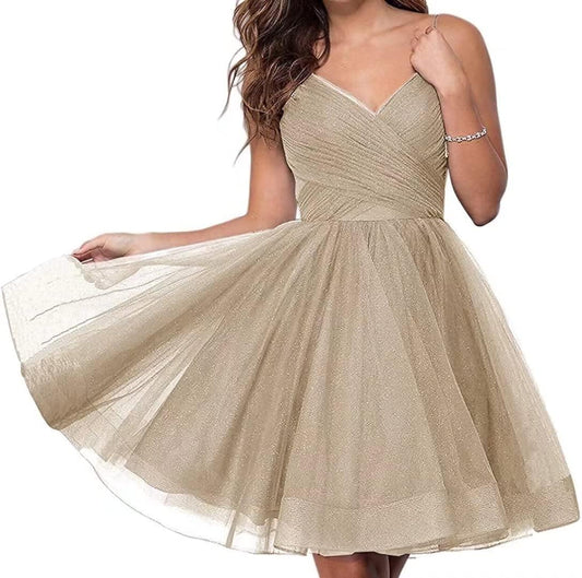 Vestidos cortos de fiesta con tirantes finos, escote en V, tul brillante, vestido de baile de graduación para jóvenes.