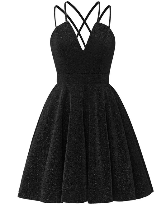 Spaghetti Straps Satin Homecoming Dresses for Teens V Neck Short Prom Dress Sparkly A-Line Formal Evening Party Gowns