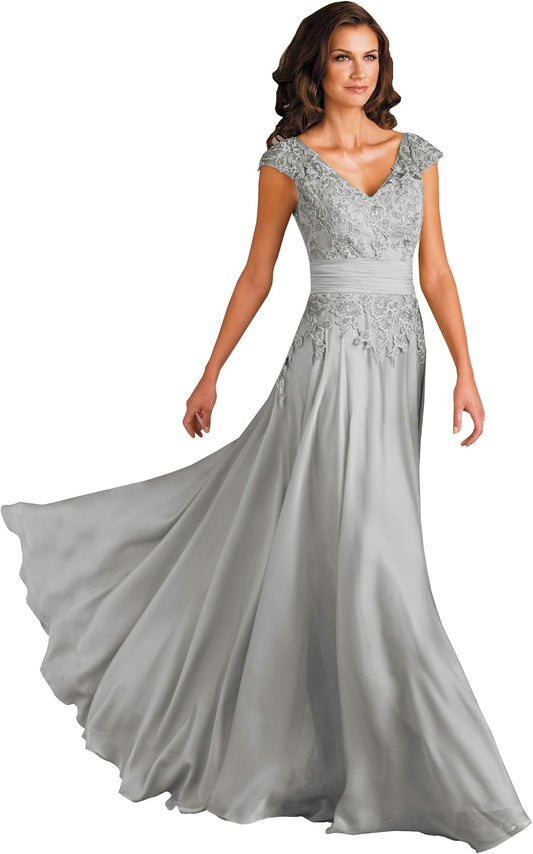 Vestidos de noche formales con escote en V y apliques de encaje para madre de la novia con bolsillos