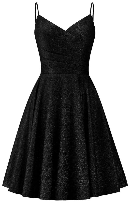 V Neck Homecoming Dresses for Teens Short Glitter Spaghetti Straps Prom Dress Formal Evening Party Gown with Pockets