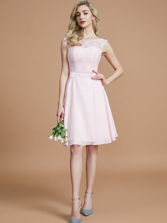 A-Line/Princess Bateau Sleeveless Lace Short/Mini Chiffon Bridesmaid Dresses Wedding Guest Dress