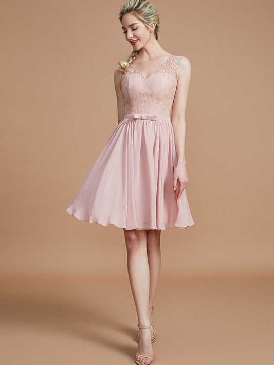 A-Line/Princess V-neck Sleeveless Lace Short/Mini Chiffon Bridesmaid Dresses Prom Dress