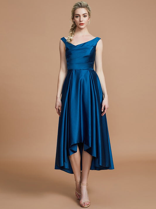 A-Line/Princess V-neck Satin Asymmetrical Sleeveless Bridesmaid Dresses Prom Dress Wedding Guest Dress