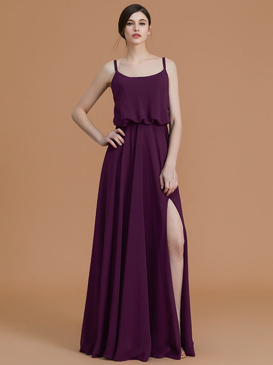 Vestidos de dama de honor de gasa con corte A/princesa, tirantes finos, sin mangas, largo hasta el suelo y volantes