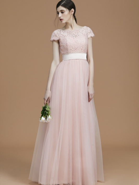 A-Line/Princess Bateau Short Sleeves Floor-Length Sash/Ribbon/Belt Tulle Bridesmaid Dresses Evening Prom Dress