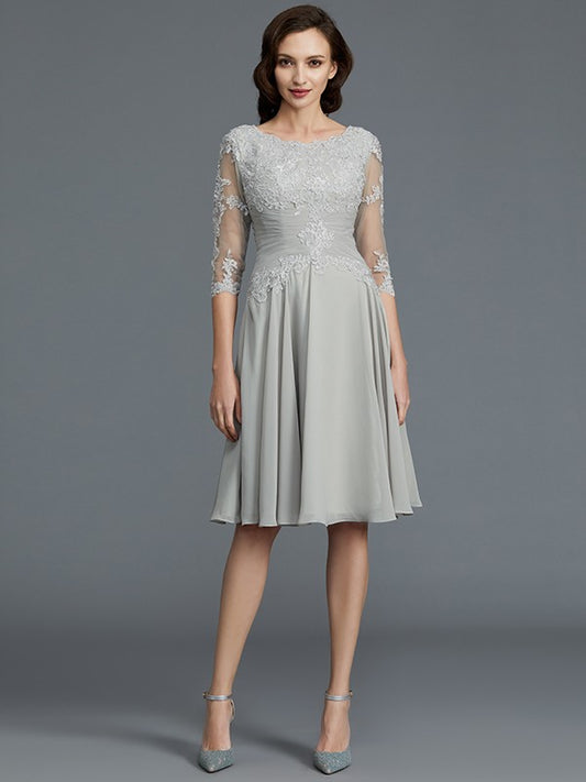A-Linie/Princess-Linie 1/2 Ärmel U-Ausschnitt Knielang Applikationen Chiffon Brautmutterkleider