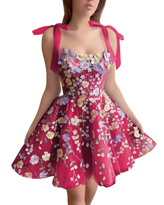 Floral Tulle Homecoming Dresses Short Cocktail Dresses Straps DAMA Dresses Lace Party Gown 3D Floral Dama Dress for Quinceanera