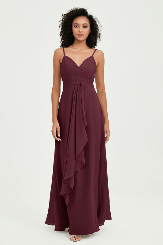 Vestido de dama de honor de gasa con tirantes finos, escote en V, plisado y fruncido, vestidos de noche formales