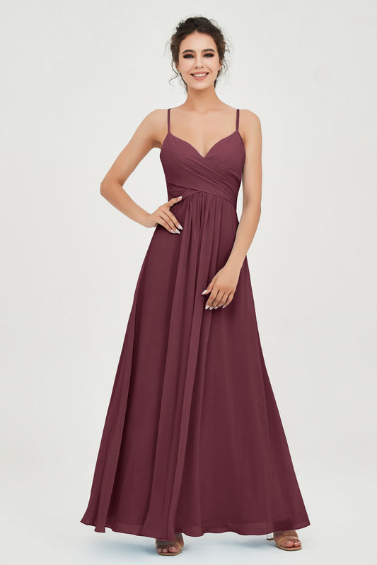 Spaghettiträger Chiffon Knöchellanges Brautjungfernkleid Geraffte Abendkleider