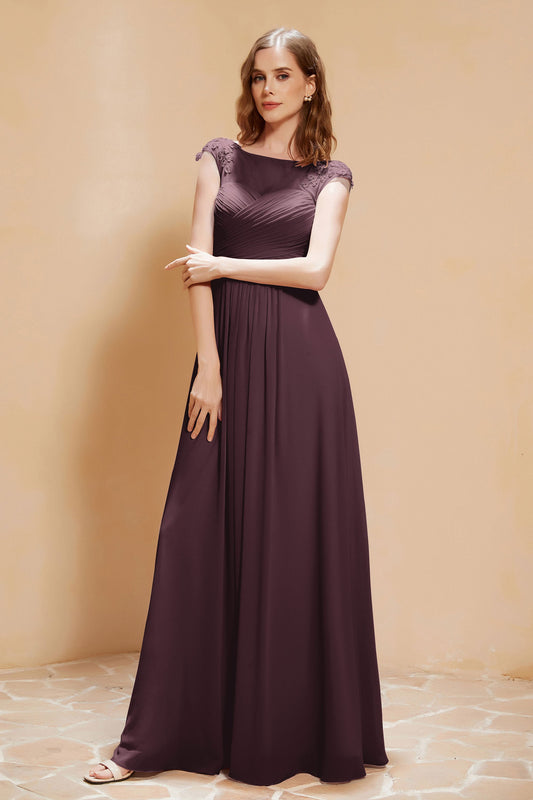 Vestido de dama de honor de gasa con cuello ilusión y mangas cortas con encaje para noche formal de graduación