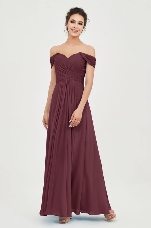 Schulterfreies, gerüschtes Chiffon-Brautjungfernkleid mit Plissierung und Kappe, formelle Abendkleider