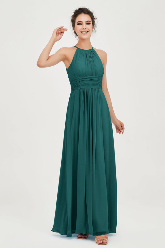 Vestido de dama de honor plisado de gasa con cuello halter, corte A, sin mangas, vestidos de noche formales