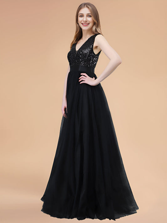 Elegantes, ärmelloses A-Linien-Ballkleid mit tiefem V-Ausschnitt, Pailletten und Tüll mit Schleife in der Taille