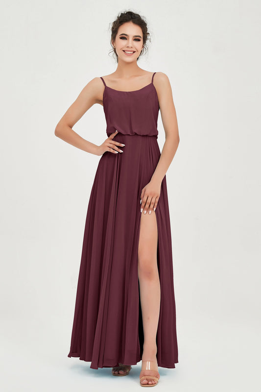 Vestido de dama de honor largo de gasa con tirantes finos, corte A, fruncido, formal, de noche, con abertura