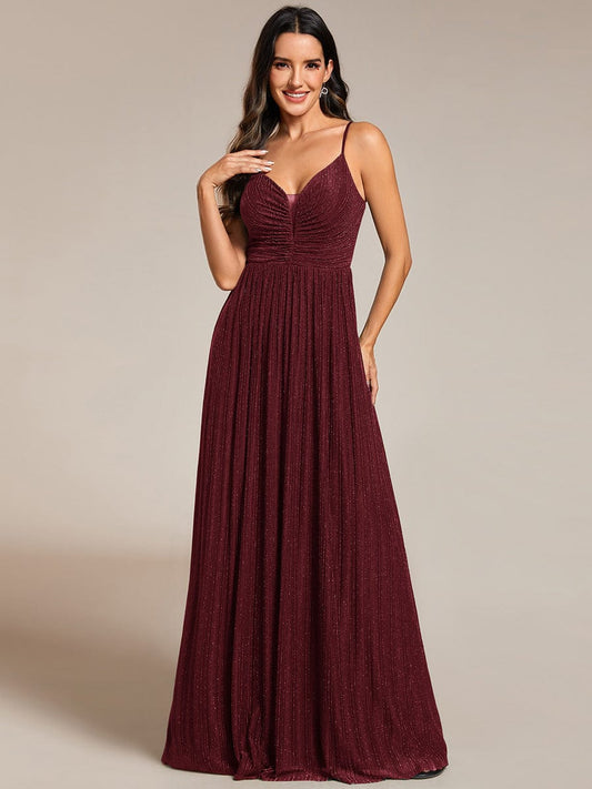 Hoch tailliertes, glitzerndes Spaghettiträger-Abendkleid mit Plissee, schlichtes Brautjungfernkleid