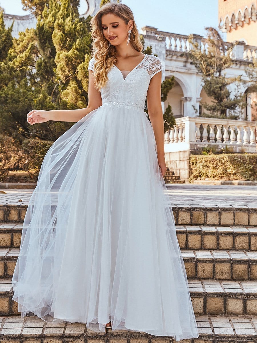 Elegant Cap Sleeves Casual Applique Outdoor Wedding Dress Bridal Gowns