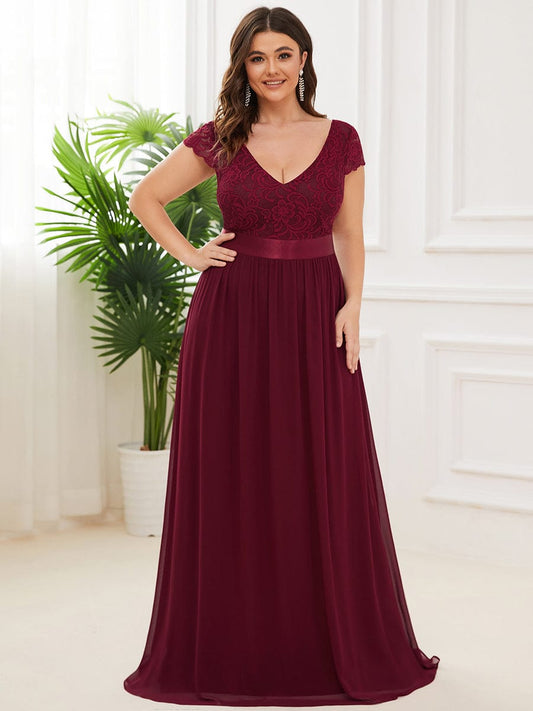 Elegantes Chiffonkleid mit V-Ausschnitt und kurzen Ärmeln aus Spitze für die Brautmutter, formelle Abendkleider