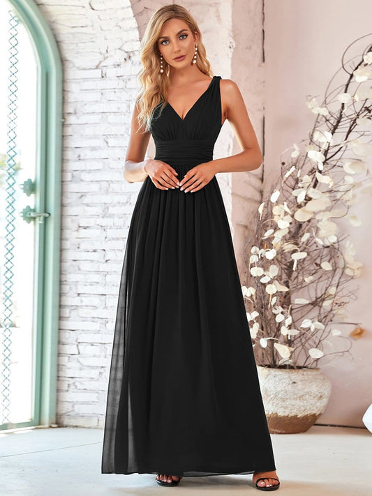 Plissiertes ärmelloses Chiffon-Maxikleid mit V-Ausschnitt, Brautjungfernkleider, formelle Abend- und Partykleider