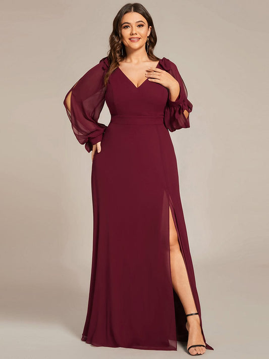 Benutzerdefinierte Größe Doppel V-Ausschnitt Hoher Schlitz Langarm Abendkleider Abendkleid Brautjungfer Kleid