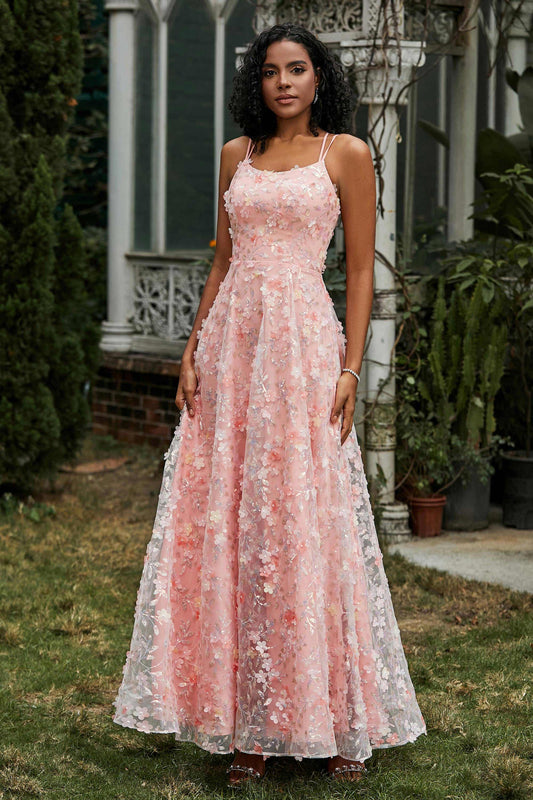 Vestido de fiesta formal de noche con tirantes finos, apliques de flores y encaje hasta el suelo