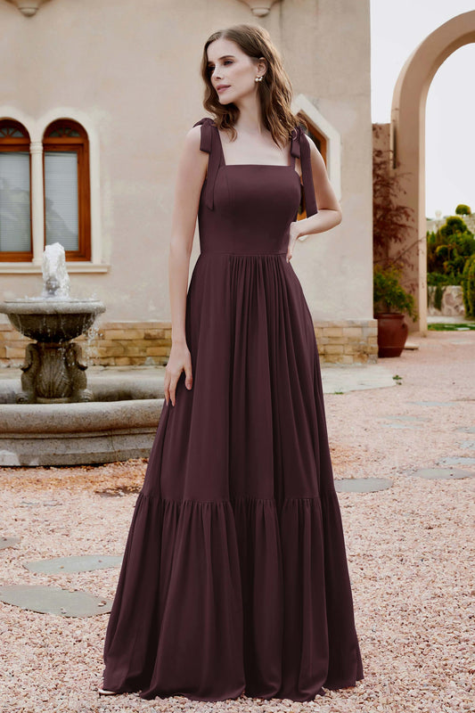 Vestido de dama de honor de gasa cuadrado sin mangas con volantes fruncidos y lazo