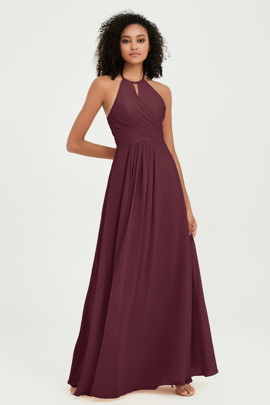 Vestido de dama de honor de gasa estilo imperio con cuello halter, plisado, formal, de noche, con faja