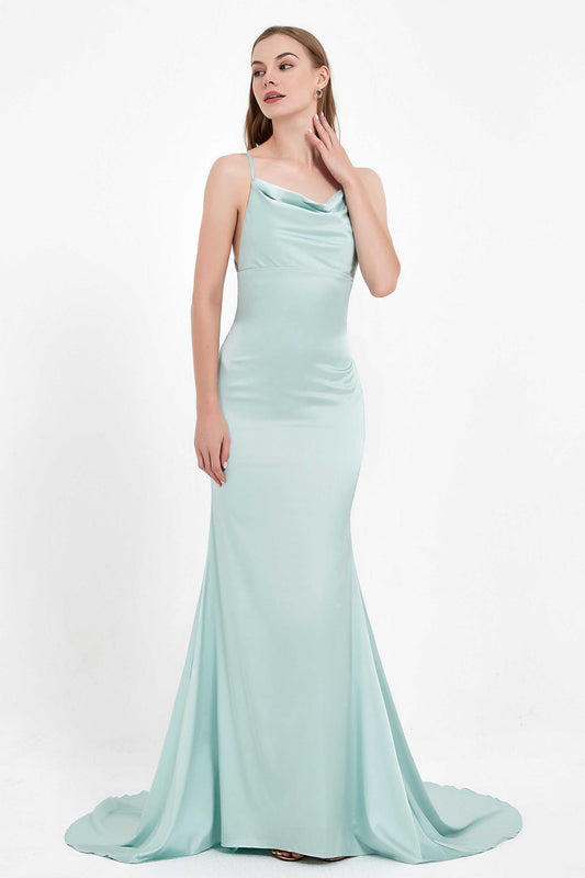 Vestidos de noche formales de sirena con cuello vuelto y satén hasta el suelo para fiesta de graduación