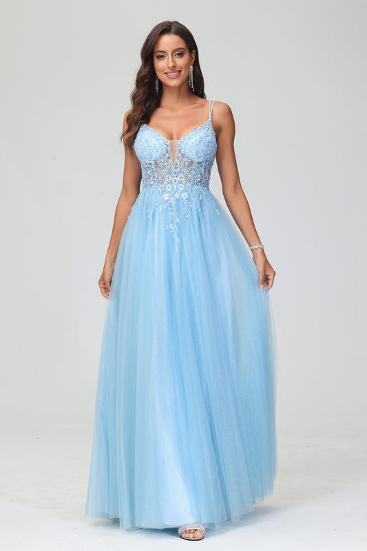 Vestido de fiesta formal de noche con apliques transparentes, corte A, tul brillante, largo hasta el suelo