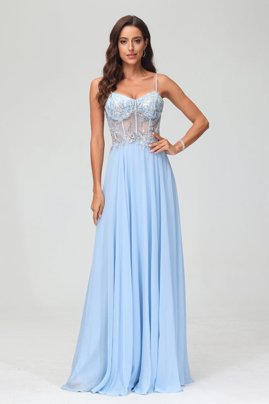 Vestido de noche formal de gasa transparente con apliques, corte A, largo hasta el suelo, para fiesta de graduación y baile