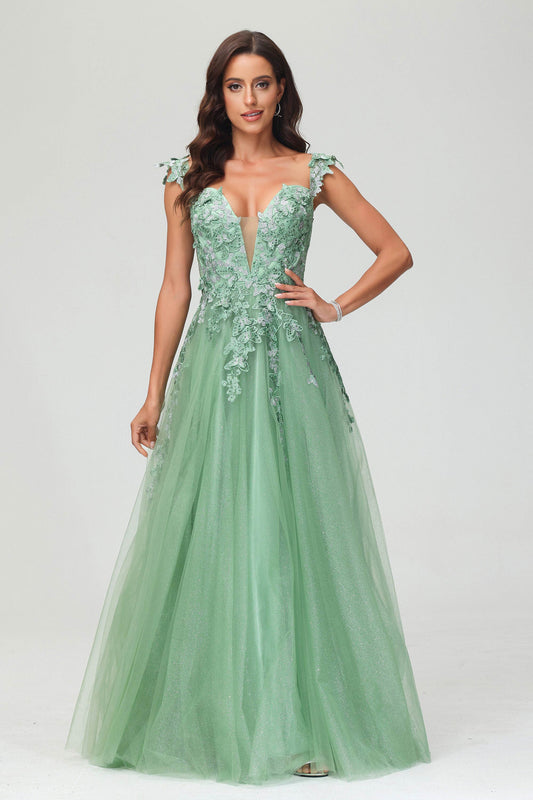 A Line Deep V Neck Lace Applique Glitter Tulle Prom Dress Formal Evening Party Gowns