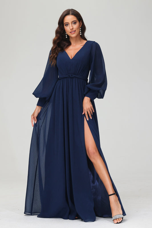 A Line V Neck Long Sleeves Floor Length Formal Evening Dress With Slit Mother of the Bride Gowns