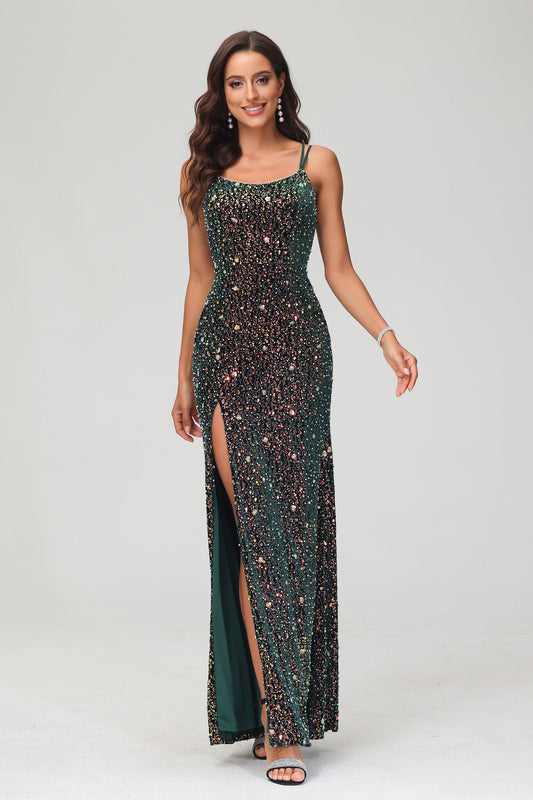 Elegante vestido de noche formal con tirantes dobles, ajustado, largo, con lentejuelas, para fiesta de graduación