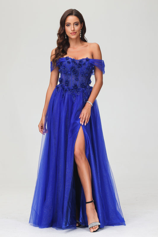 Vestido de fiesta formal con hombros descubiertos, apliques florales y purpurina, con abertura y corte A