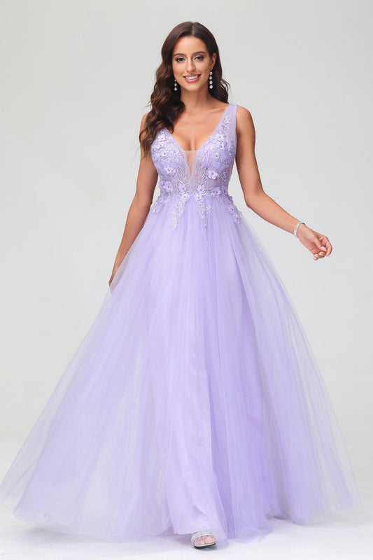 A Line V Neck Applique See-through Beaded Tulle Prom Party Dress Formal Evening Ball Gowns