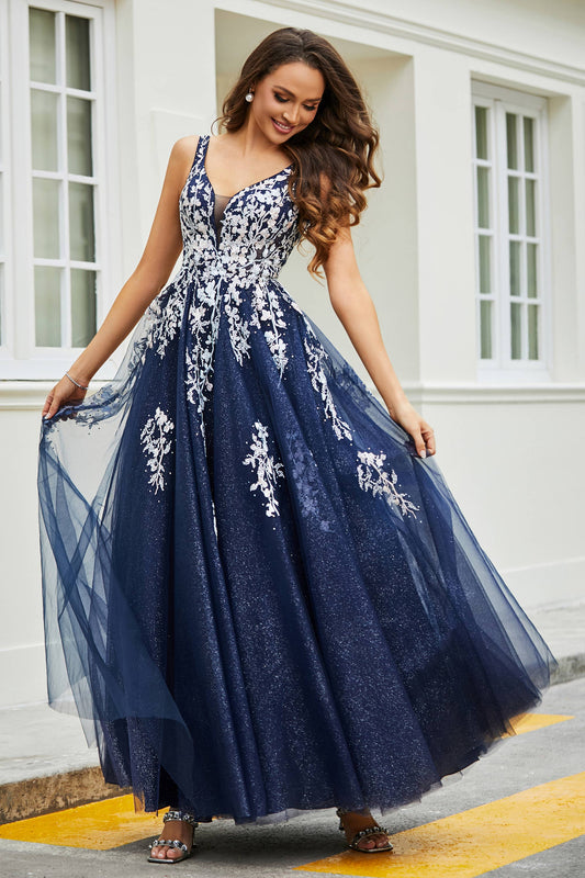 Vestido de fiesta formal de noche con escote en V pronunciado, apliques, corte A de tul