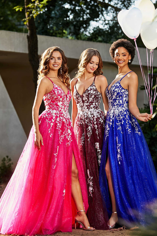 V-Ausschnitt, hoher Schlitz, Tüll, Ballkleid, Partykleid, Applikation, gerüscht, formelle Abendkleider