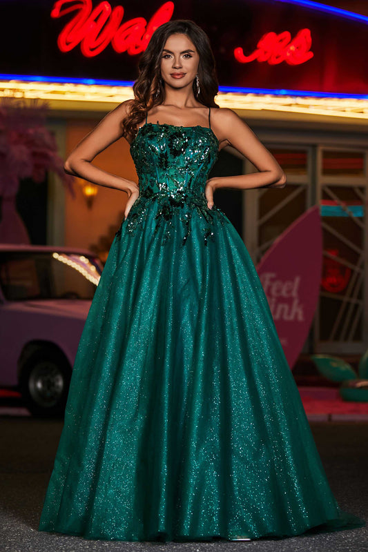 A Line Lace Up Back Tulle Prom Party Dress Formal Evening Ball Gowns