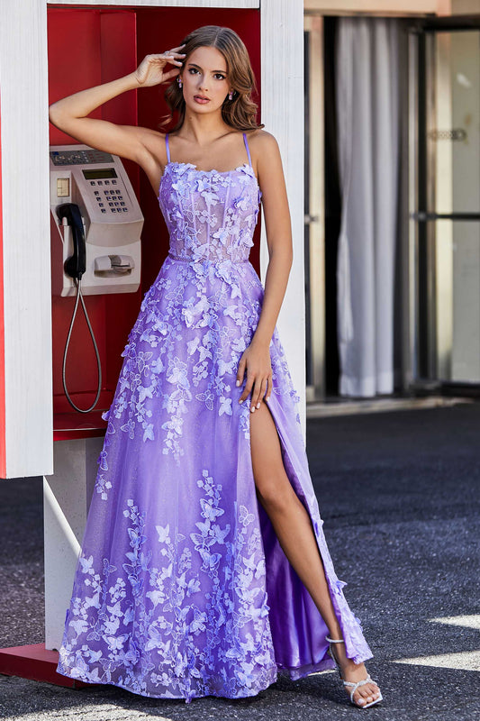 A Line Lace Up Back Tulle Appliques Lace Prom Party Dress with Slit Formal Evening Gowns