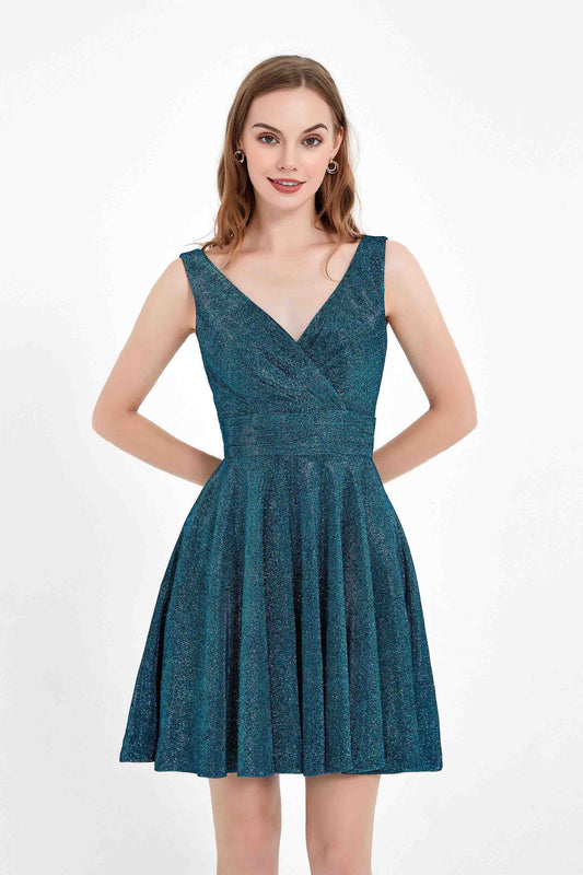 Vestido corto con escote en V y purpurina, con bolsillos, para fiesta de graduación y cóctel.