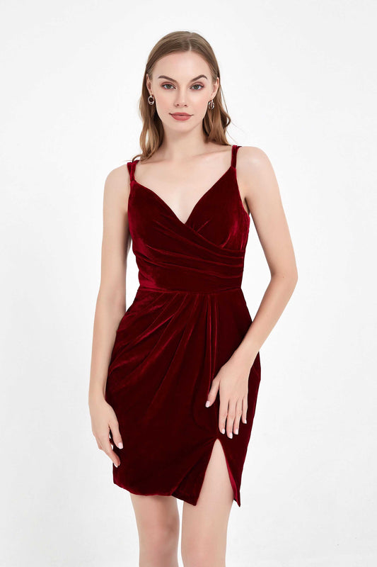 Vestido corto plisado de terciopelo con escote en V, minivestido para fiesta, graduación, cóctel, con abertura en el cuello.