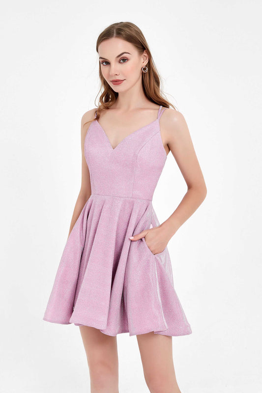 Vestido con escote en V, encaje, purpurina y bolsillos para fiesta de graduación y cóctel.